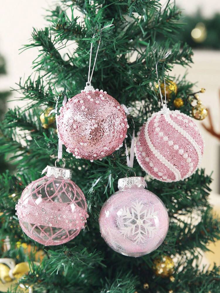 12pcs Clear Pink Christmas Ball Ornaments, 3.15-Inch Shatterproof Decorative Tree Baubles, Elegant Rustic Hanging Decorations for Holiday Parties