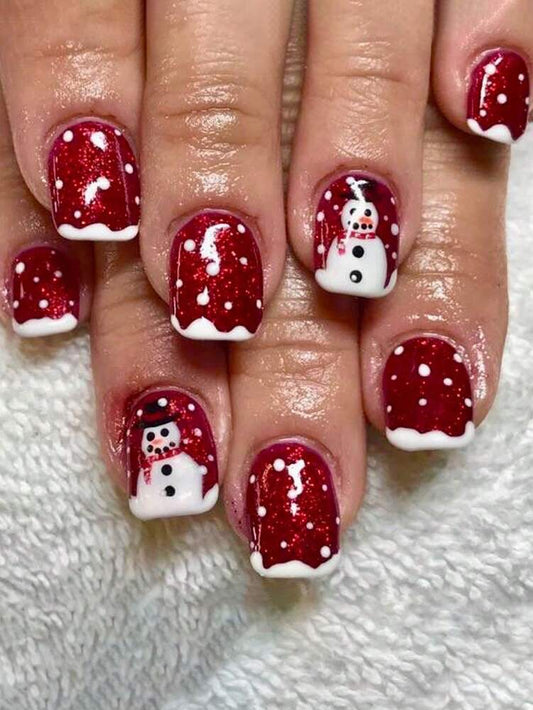 24pcs Short Square Christmas Press On Nails, Cute Snowman And Red Glitter French Tips, Jelly Gel & File Included, Holiday Nail Set For Women