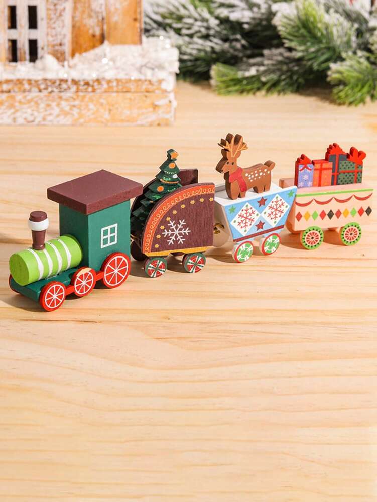 Christmas Wooden Train Ornament, Four-Section Holiday Decoration for Table, Fireplace & Garden Christmas Home or Office Decor