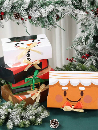6pcs Christmas Gift Boxes with Ribbons, Santa Snowman & Reindeer Designs for Holiday Treats, Seasonal Packaging & Winter Home Decor
