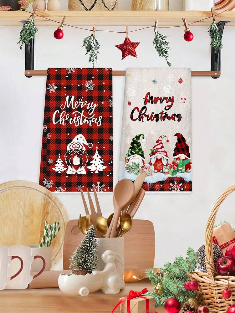 2pcs Christmas Gnome Hand Towels, Red & Black Plaid Microfiber Kitchen & Bathroom Towels, Soft Absorbent Holiday Home Decor