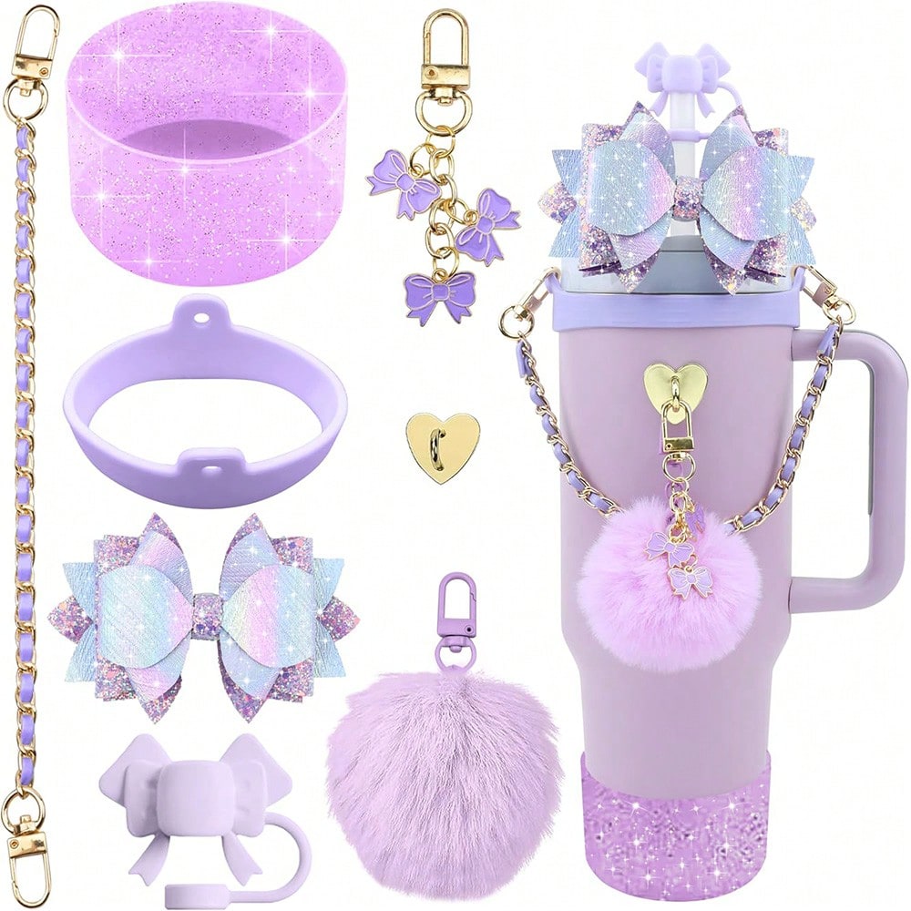 Bling Tumbler Accessory Set for 40oz/30oz Cups, Includes Silicone Bow Straw Topper, Leather Handle Strap & Decorative Charms