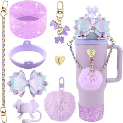 Bling Tumbler Accessory Set for 40oz/30oz Cups, Includes Silicone Bow Straw Topper, Leather Handle Strap & Decorative Charms