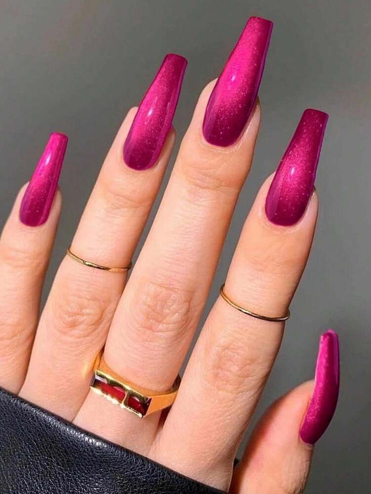 24pcs Long Coffin Red Cat Eye Press On Nails, Y2K Hot Pink Glossy Gradient Design, Acrylic Nail Set With Glue & File For Women Rave Look