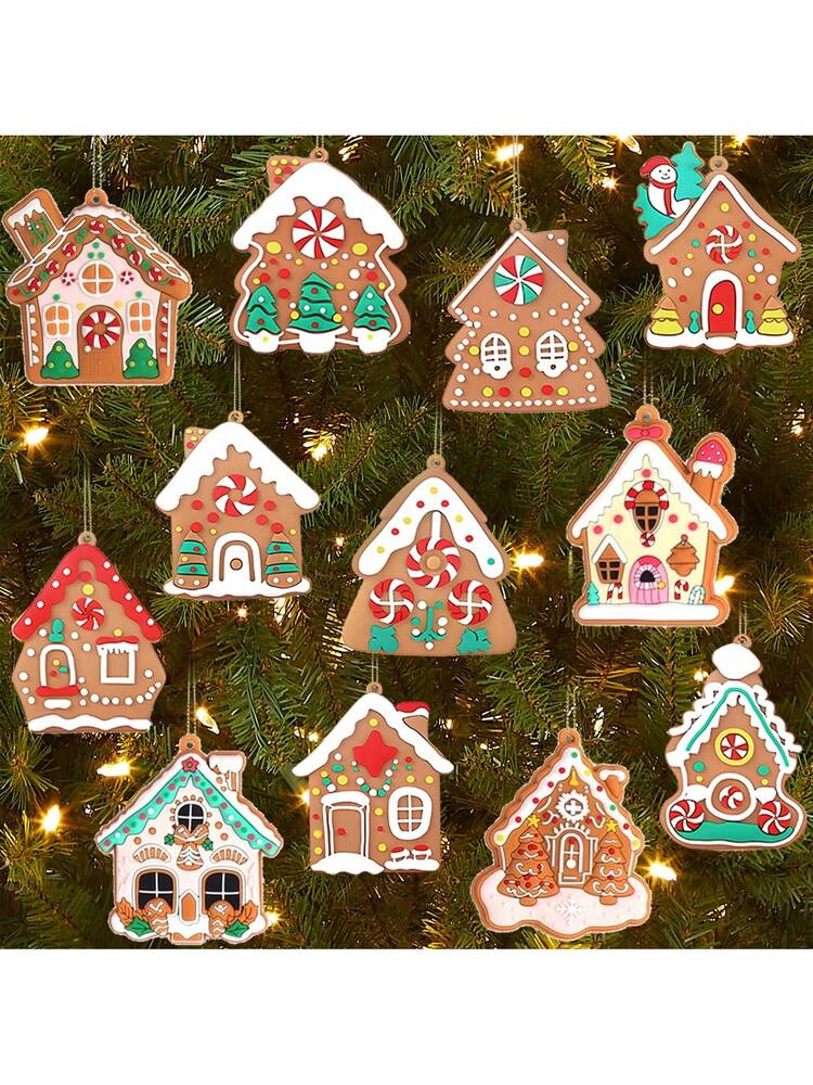 12pcs Gingerbread House Hanging Ornaments, Cute Christmas Tree Decorations for Home, Parties, and Holiday Gift Giving