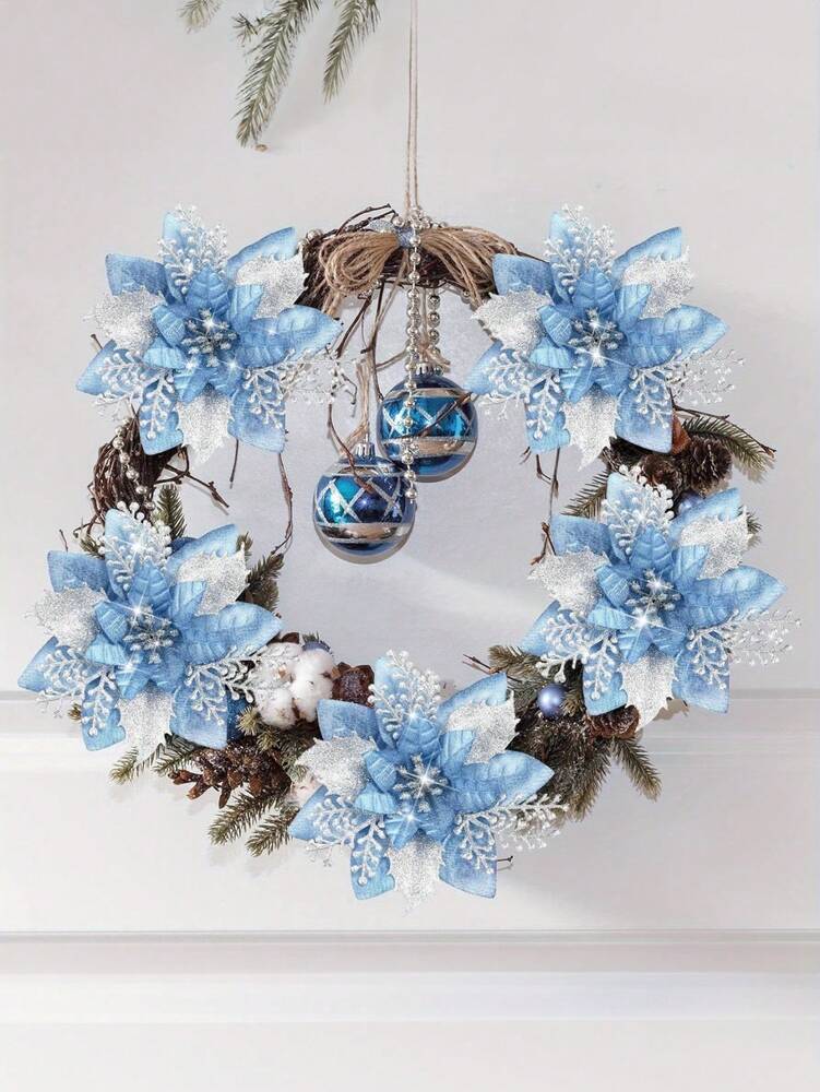 10pcs Blue Poinsettia Christmas Tree Flowers, 5.7" Artificial Holiday Ornaments, Reusable Feather-Free Floral Decorations for Xmas Trees & Home Décor