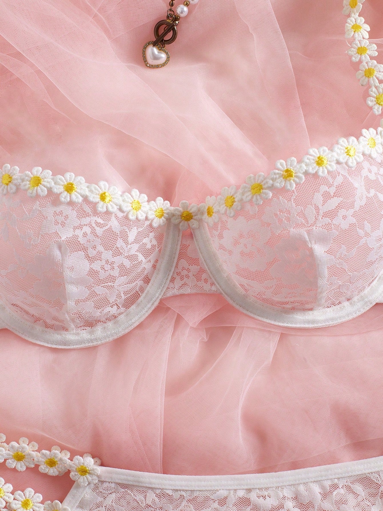 Sheer Mesh Contrast Lace Floral Embroidery Underwire Lingerie Set