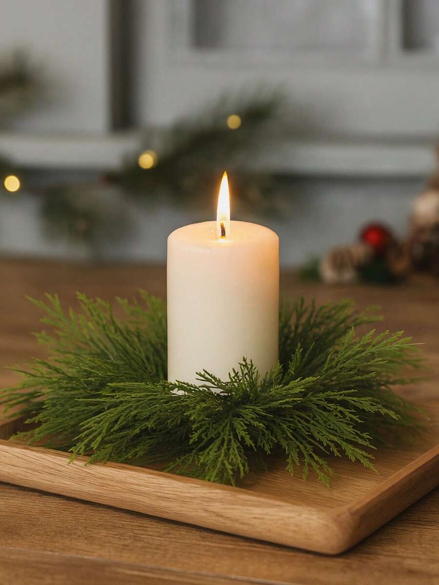 Christmas Candle Ring Holder with Red Flowers, Gold Berries & Greenery, Holiday Table Centerpiece