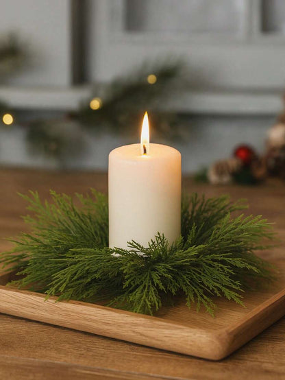 Christmas Candle Ring Holder with Red Flowers, Gold Berries & Greenery, Holiday Table Centerpiece