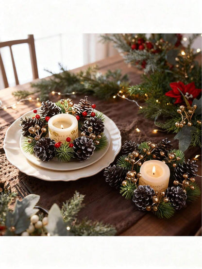 Christmas Candle Ring Holder with Red Flowers, Gold Berries & Greenery, Holiday Table Centerpiece