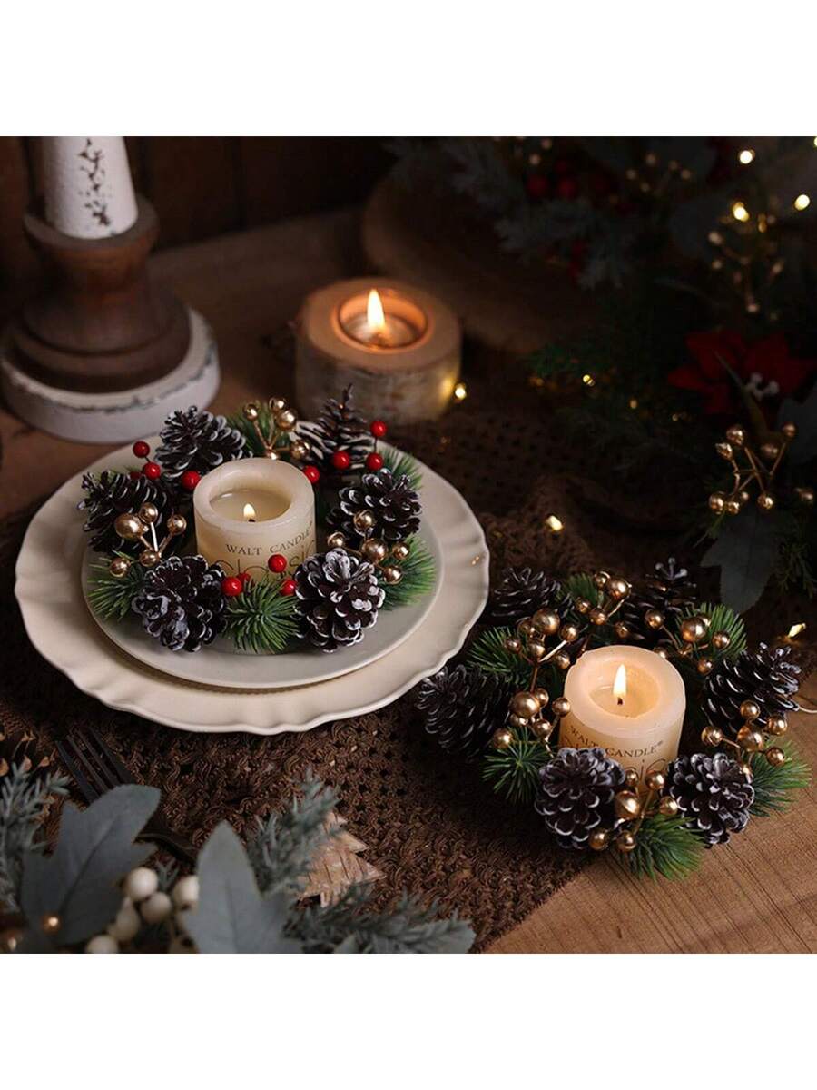 Christmas Candle Ring Holder with Red Flowers, Gold Berries & Greenery, Holiday Table Centerpiece