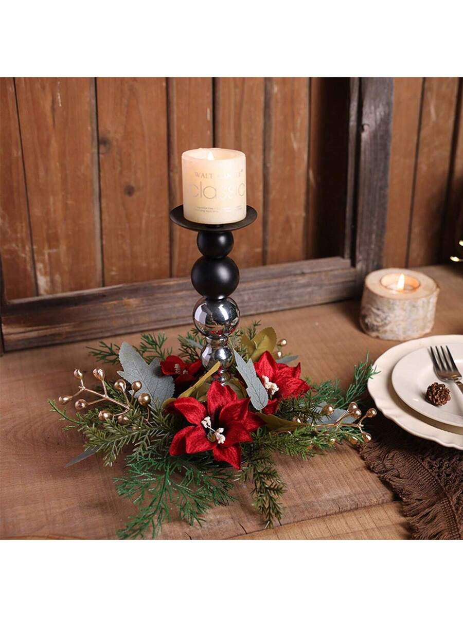 Christmas Candle Ring Holder with Red Flowers, Gold Berries & Greenery, Holiday Table Centerpiece