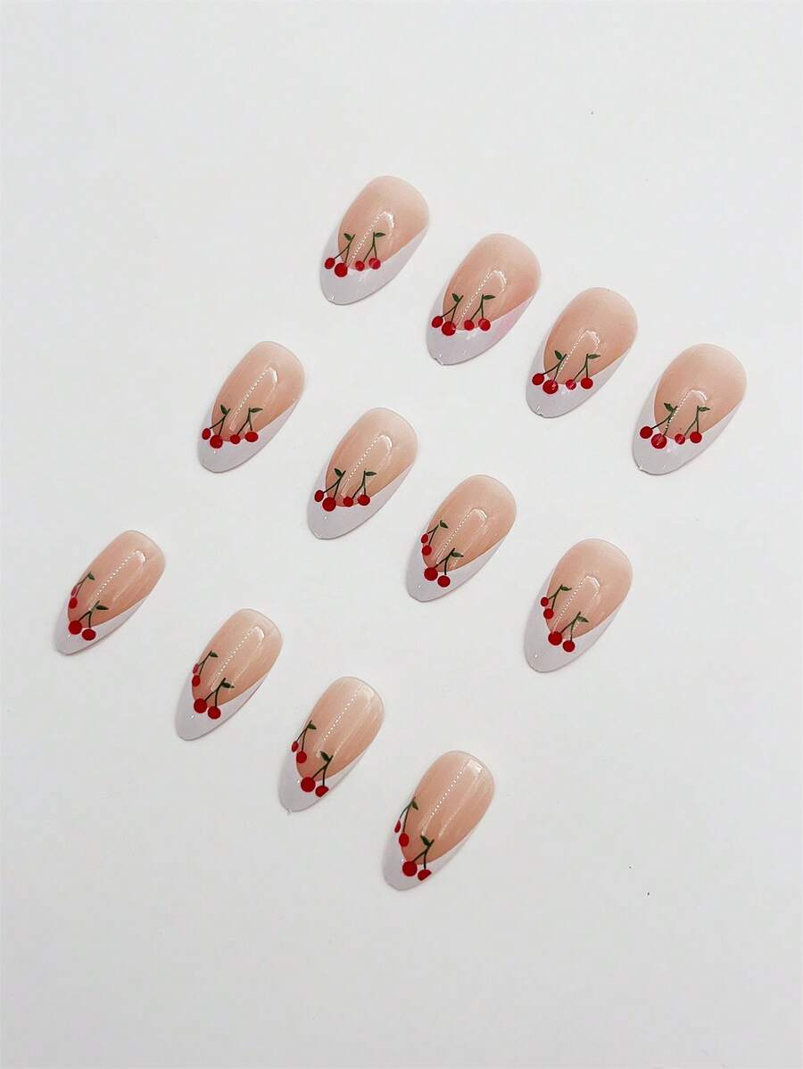 24pcs Long Coffin Cherry Press On Nails, 3D Glossy Painted Fruit Design, Handmade Acrylic Nail Set With Glue & File For Women Party Wear