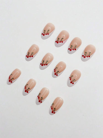 24pcs Long Coffin Cherry Press On Nails, 3D Glossy Painted Fruit Design, Handmade Acrylic Nail Set With Glue & File For Women Party Wear