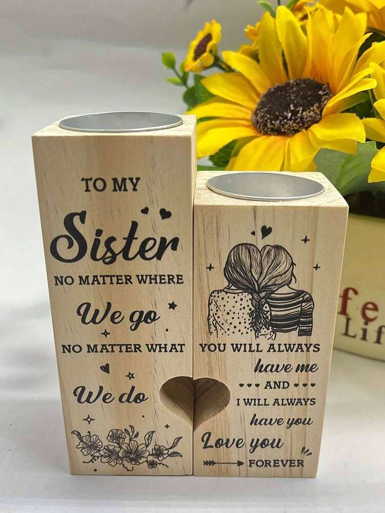 Heart-Shaped Candle Holder with Engraved Sister Message, Decorative Sentimental Ornament (Candle Not Included)