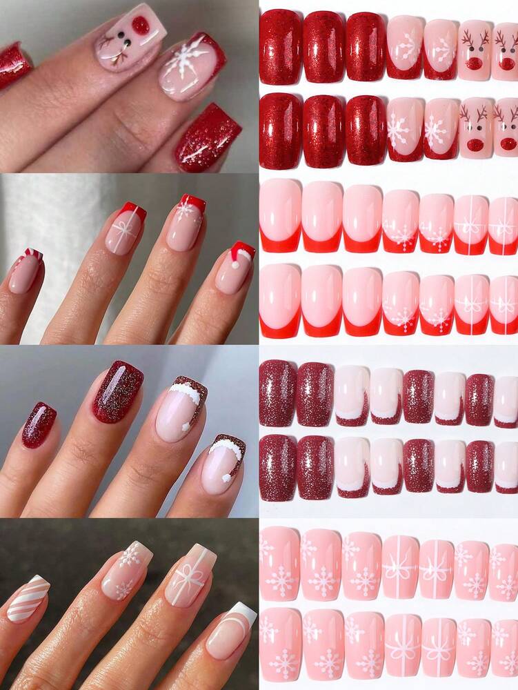 96pcs Short Square Christmas Press On Nails, Snowman Gingerbread Candy Cane Tree Star Design, Acrylic Nail Set With Jelly Glue & File For Holiday Look