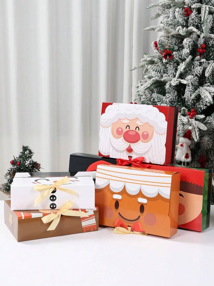 6pcs Christmas Gift Boxes with Ribbons, Santa Snowman & Reindeer Designs for Holiday Treats, Seasonal Packaging & Winter Home Decor