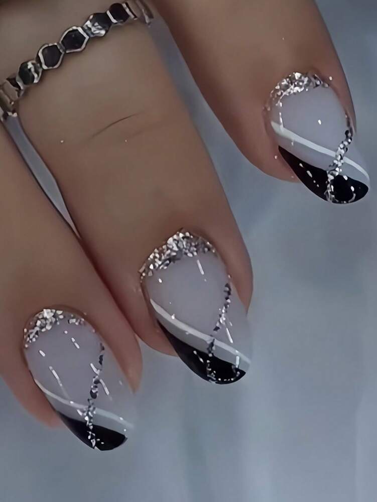 Christmas Long Almond Press On Nails 24pcs, Red French Tips With White Snowflakes And Santa Hat Design, Acrylic False Nails Set For Holiday Or Party