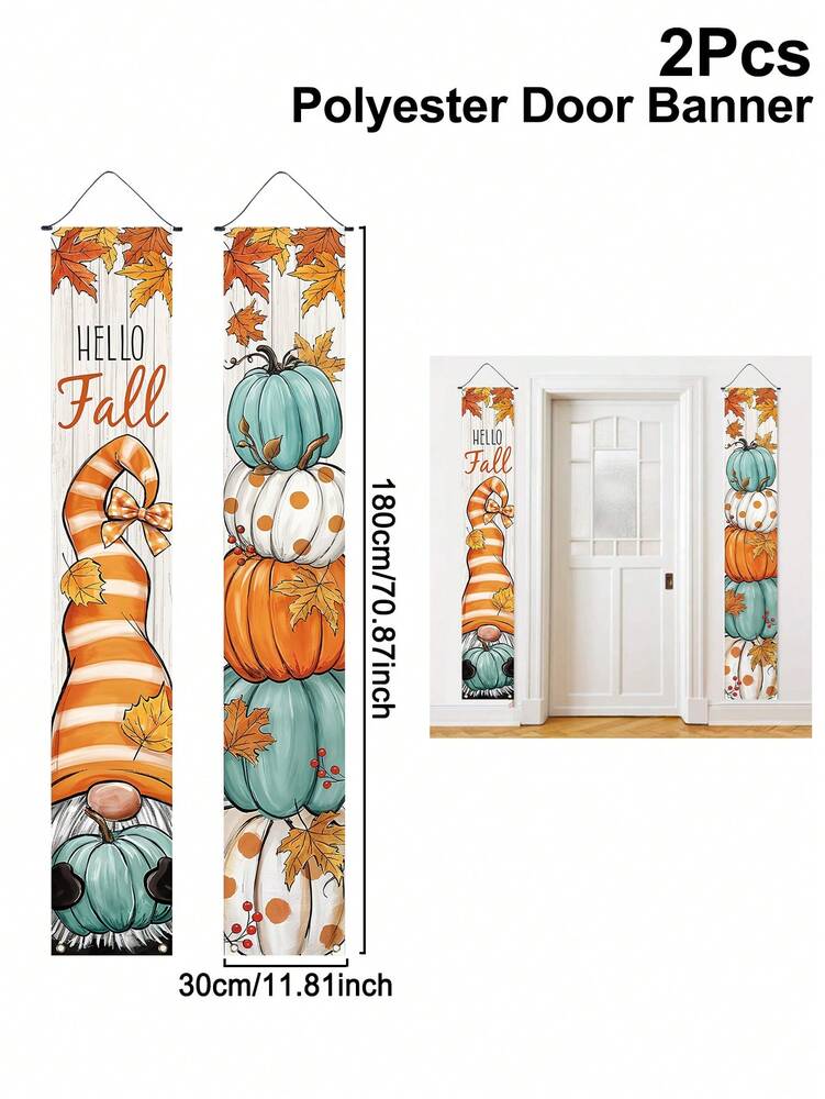 Thanksgiving Pumpkin Gnome Door Banner Set, 30x180cm Polyester Hanging Porch Sign, Autumn Harvest Decoration for Farmhouse Indoor & Outdoor Display