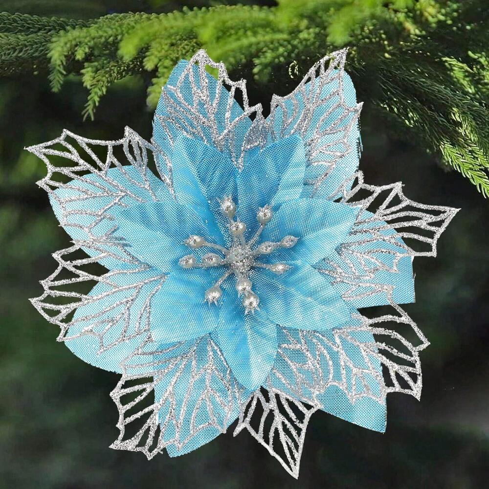 10pcs Glitter Poinsettia Ornaments with Clips & Stems, Sparkling Artificial Christmas Décor for Trees & Wreaths