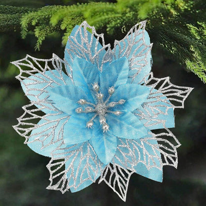 10pcs Glitter Poinsettia Ornaments with Clips & Stems, Sparkling Artificial Christmas Décor for Trees & Wreaths