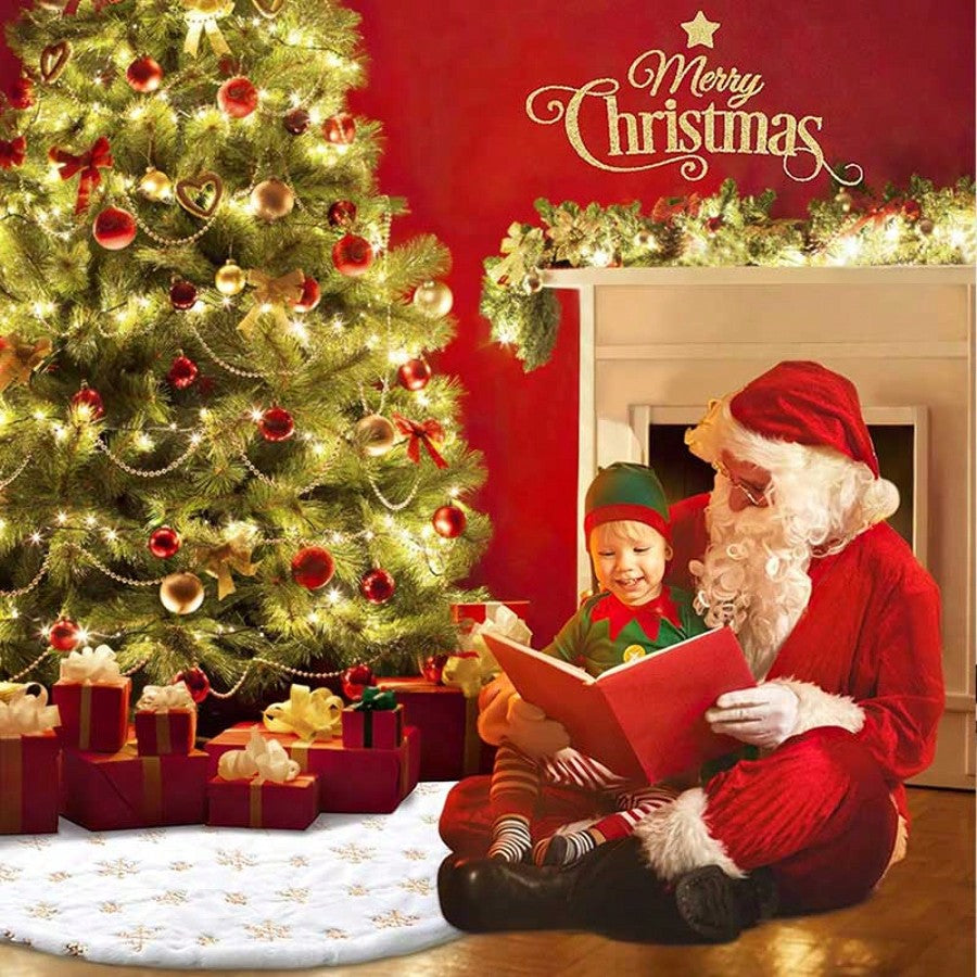 35-Inch White Plush Christmas Tree Skirt, Thick Velvet Tree Base Blanket with Lace Trim, Also Available in 60/90cm, Elegant Holiday Home Decor