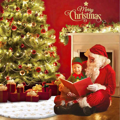 35-Inch White Plush Christmas Tree Skirt, Thick Velvet Tree Base Blanket with Lace Trim, Also Available in 60/90cm, Elegant Holiday Home Decor