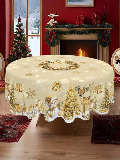 Festive Christmas Tablecloth with Snowman & Reindeer Wreath Design, Polyester Winter Table Cover for Dining Room & Kitchen Holiday Decor