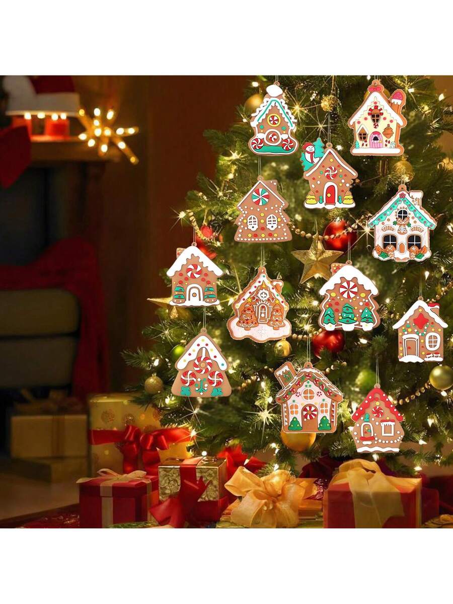12pcs Gingerbread House Hanging Ornaments, Cute Christmas Tree Decorations for Home, Parties, and Holiday Gift Giving