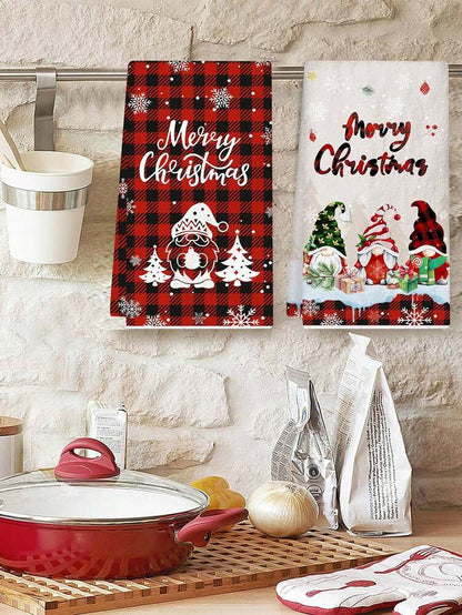 2pcs Christmas Gnome Hand Towels, Red & Black Plaid Microfiber Kitchen & Bathroom Towels, Soft Absorbent Holiday Home Decor