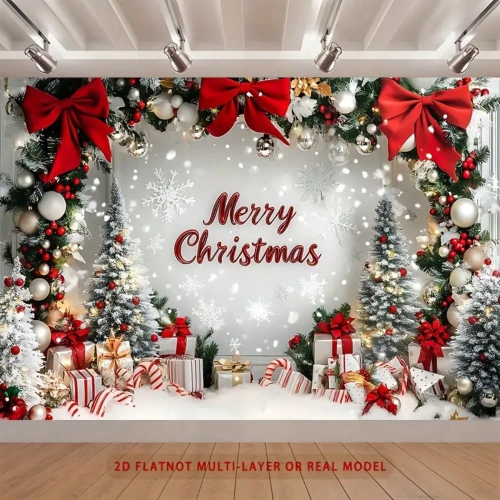 2D Christmas Party Banner, Polyester Snow Scene Backdrop with Red Hat and Festive Design, Perfect Wall Decoration for Holiday Events and Photo Props
