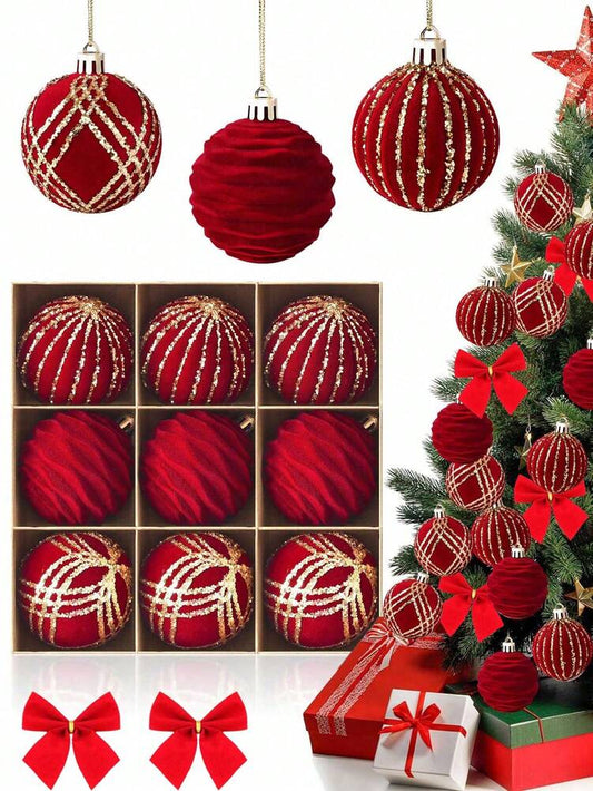 9pcs Green Velvet Christmas Tree Ball Ornaments, Flocked Painted Shatterproof Hanging Décor for Holiday Trees & Home Display