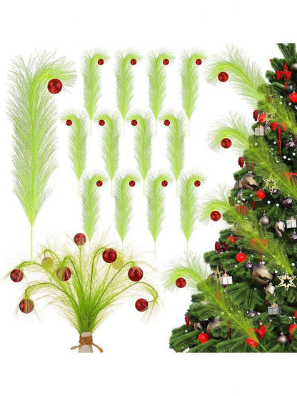 20pcs Christmas Elf Twig Set, Green & Red Artificial Branches with Flashing Orbs for DIY Christmas Tree Toppers, Garlands & Holiday Decor