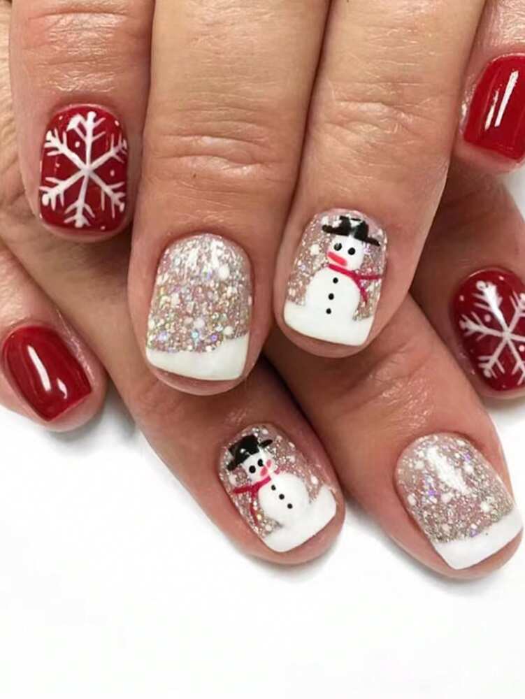 24pcs Christmas Press-On Nails, Short Square Snowman Design with Glitter French Tips, Acrylic False Nail Set with Jelly Glue & File for Holiday Wear