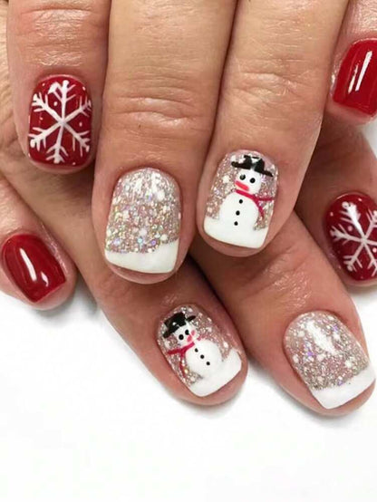 24pcs Christmas Press-On Nails, Short Square Snowman Design with Glitter French Tips, Acrylic False Nail Set with Jelly Glue & File for Holiday Wear