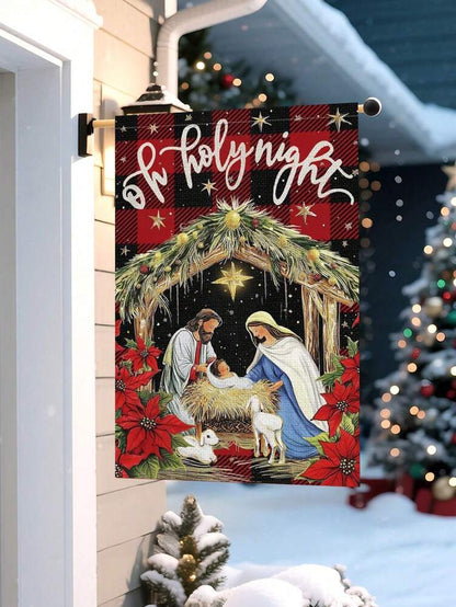 Christmas Night Garden Flag 12x18 inch, Double-Sided Linen Yard Flag with Jesus and Red Plaid Design, Festive Farmhouse Outdoor Winter Decoration