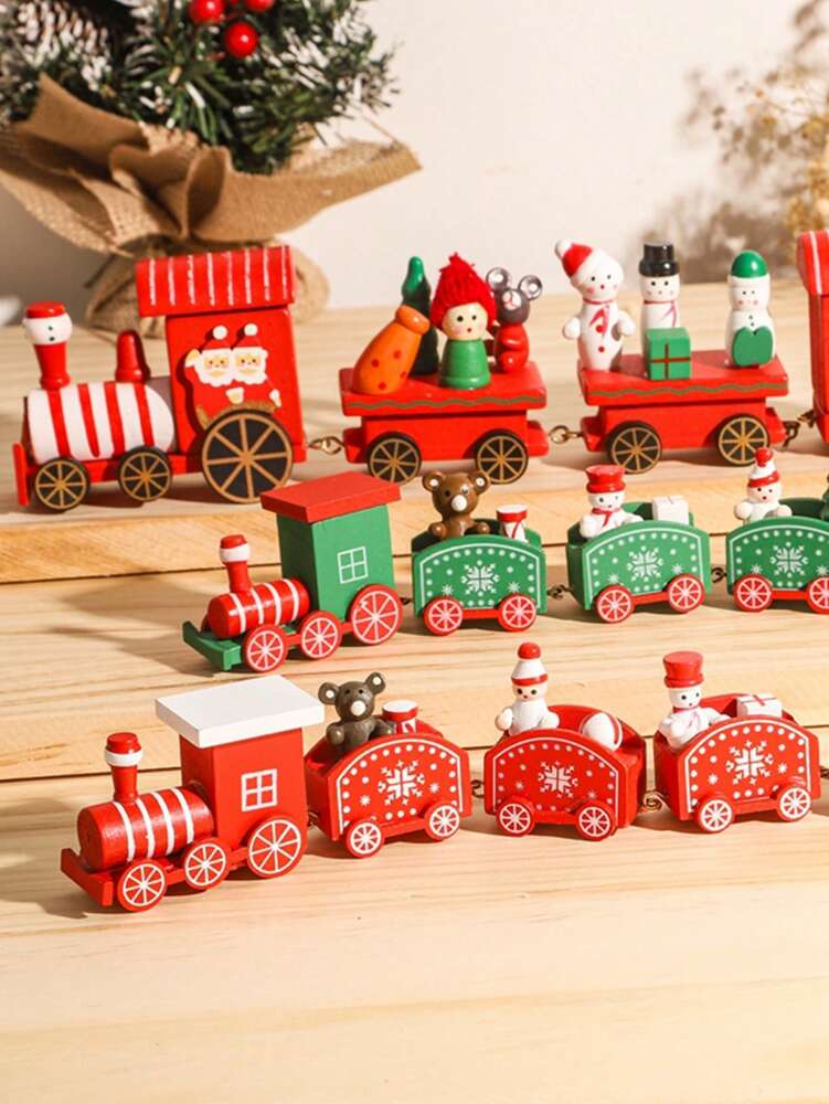 Christmas Wooden Train Ornament, Four-Section Holiday Decoration for Table, Fireplace & Garden Christmas Home or Office Decor