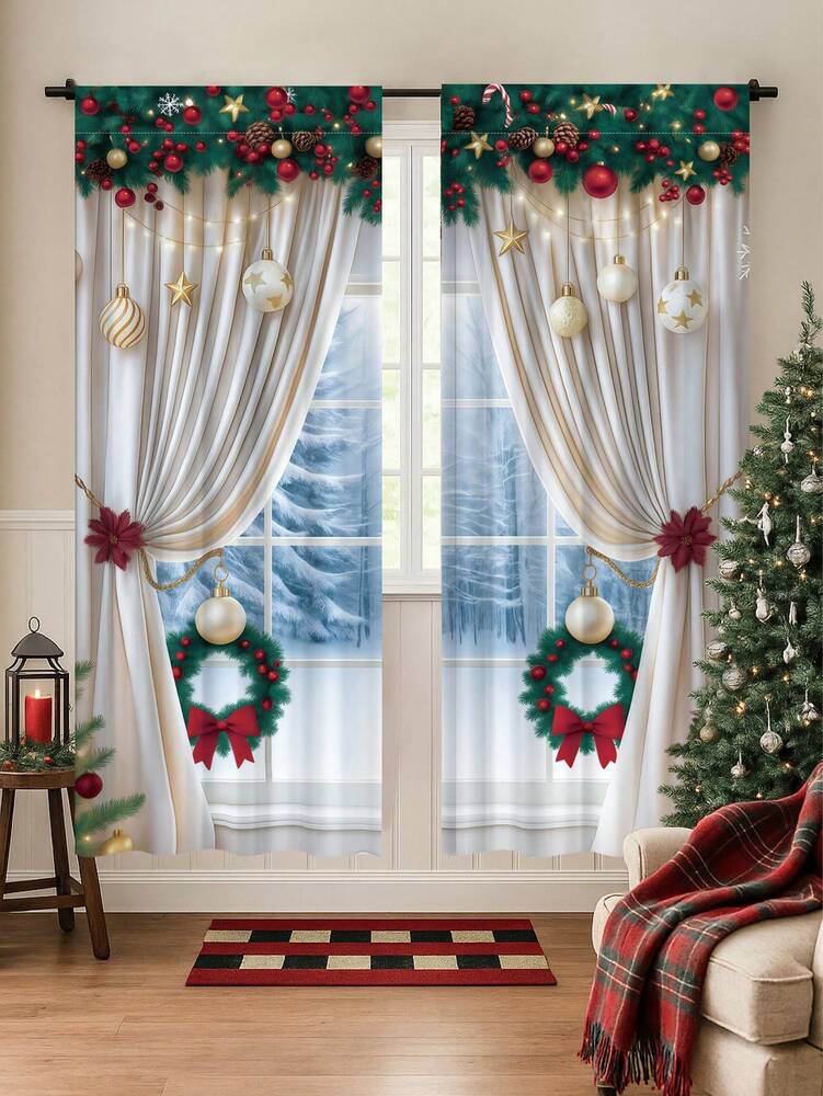 2-Piece Christmas Reindeer and Tree Blackout Curtain Set, Holiday Window Panels for Home Living Room or Bedroom Decor