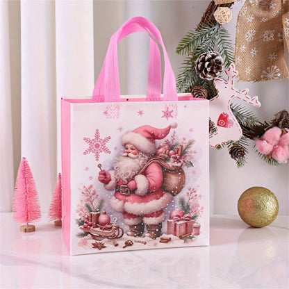 8pcs Pink Christmas Tote Bags with Handles, Reusable Non-Woven Gift Bags with Santa, Elk & Bell Prints for Holiday Packaging & Festive Decor