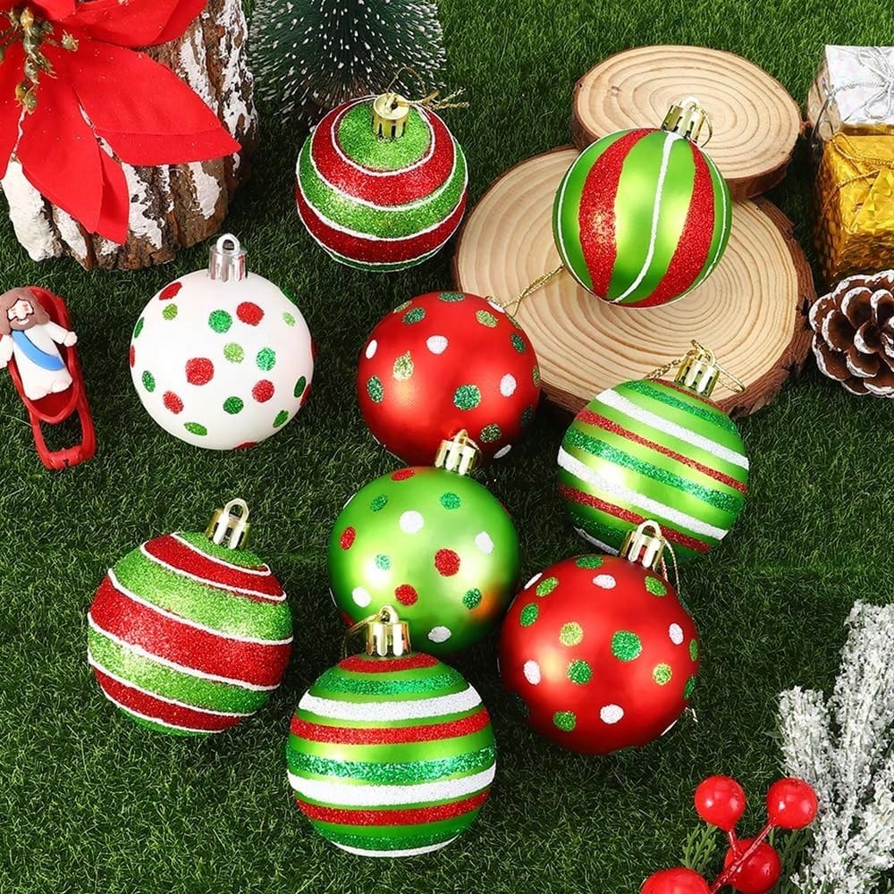 12/6pcs Glitter Christmas Ball Ornaments, Red & Green Swirl Candy and Peppermint Design for Festive Tree & Holiday Decor