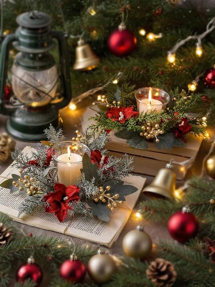 Christmas Candle Ring Holder with Red Flowers, Gold Berries & Greenery, Holiday Table Centerpiece