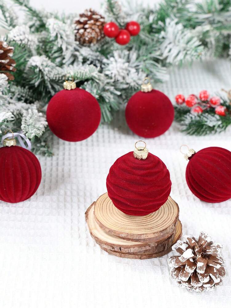 12pcs Burgundy Velvet Christmas Ball Set, Soft Flocked Pom Pom Ornaments, Luxurious Baubles for Holiday Trees, Gifts, and 2026 New Year Decorations