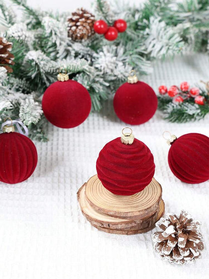 12pcs Burgundy Velvet Christmas Ball Set, Soft Flocked Pom Pom Ornaments, Luxurious Baubles for Holiday Trees, Gifts, and 2026 New Year Decorations