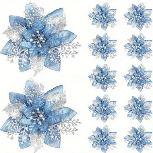10pcs Blue Poinsettia Christmas Tree Flowers, 5.7" Artificial Holiday Ornaments, Reusable Feather-Free Floral Decorations for Xmas Trees & Home Décor