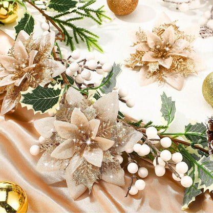 10-Piece Champagne Gold Poinsettia Set, Glitter Artificial Christmas Flowers for Tree, Wreath & Vase Decor, Elegant Holiday Home & Wedding Decorations