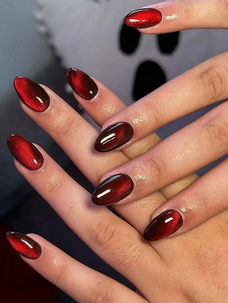 24pcs Short Oval Red Cat Eye Press On Nails, Y2K Blood-Red Glossy Acrylic Nail Set With Jelly Glue & File For Women Daily Or Study Wear