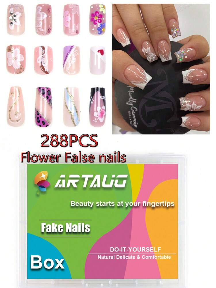 24pcs Medium Square Christmas Press On Nails, Red French Glitter Snowflake Candy Design, Bling Acrylic False Nails For Women Holiday Wear