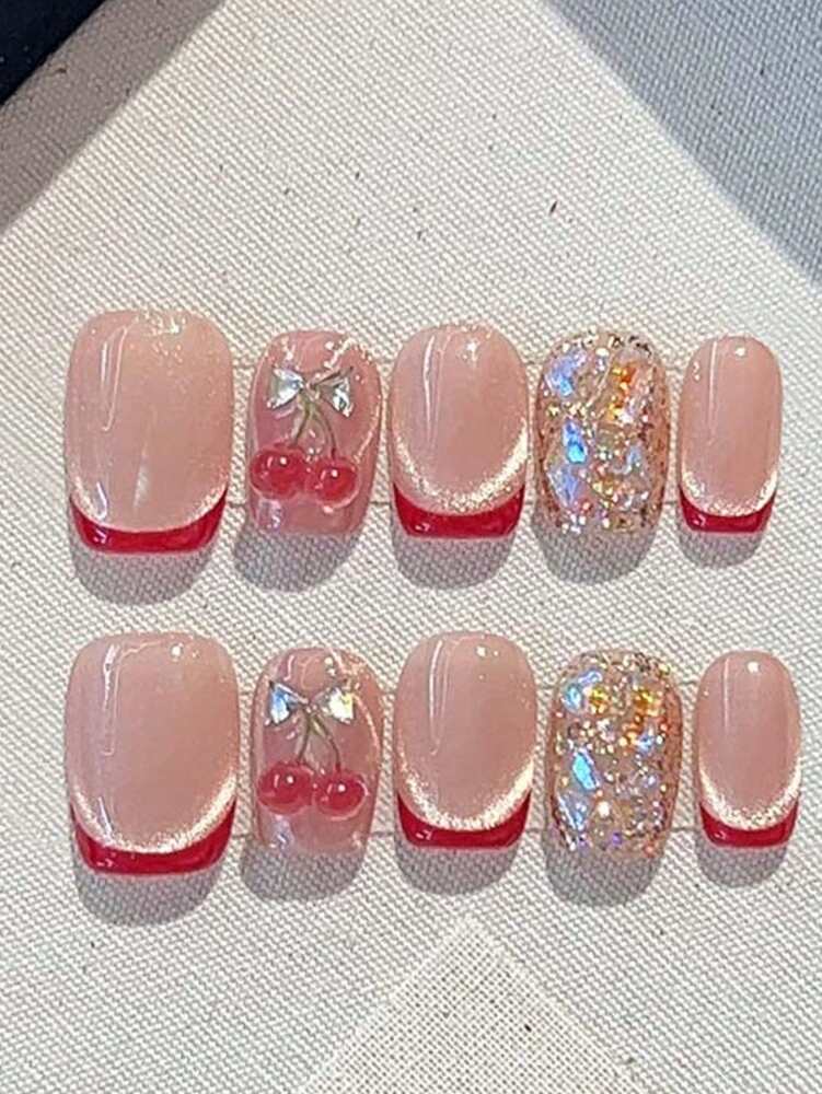 10pcs Short Square Press On Nails, French Heart Minimalist Jelly Pink Design, Handmade Nail Set For Wedding Party Or Daily Wear