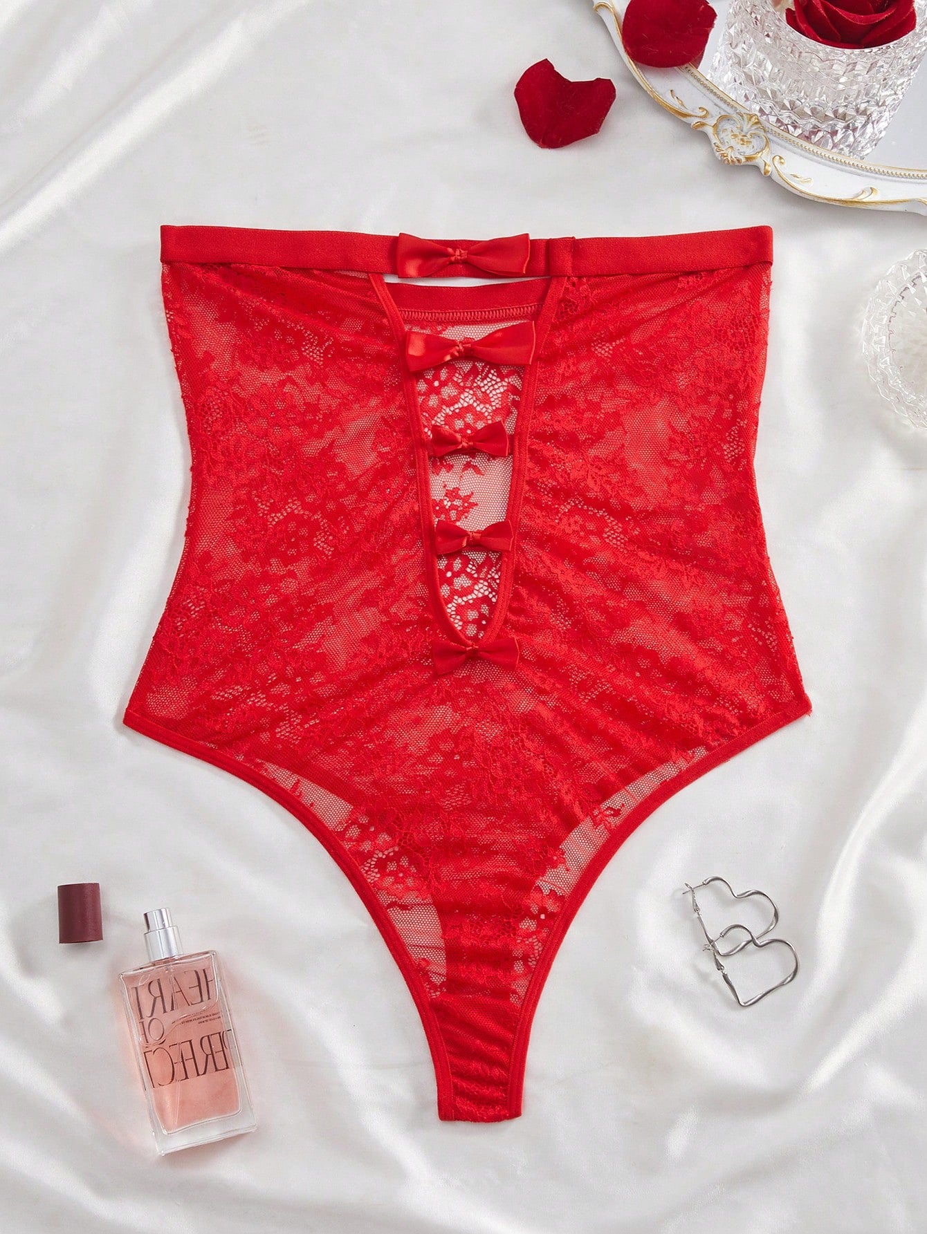 Hollow Cut-Out Bow Decor Lace Romper Sexy Bodysuit