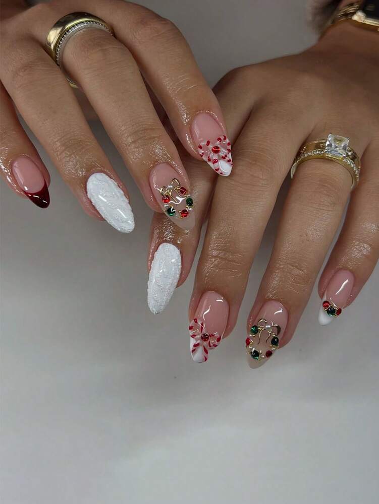 24pcs Red Glitter Christmas Press On Nails, Short Square Bling False Nails With Cute Elk Grid Design, Festive Nail Set Gift For Women Party Wear